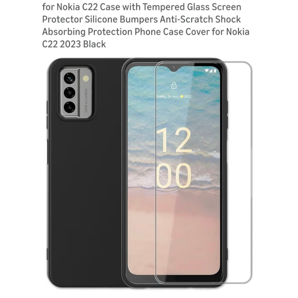 Unbranded Black Phone Case‎ & Tempered Glass for Nokia C22 One Size